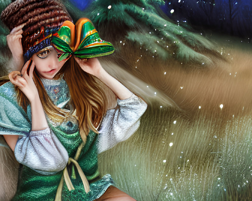Illustration of girl in brown hat and green cloak in magical forest.