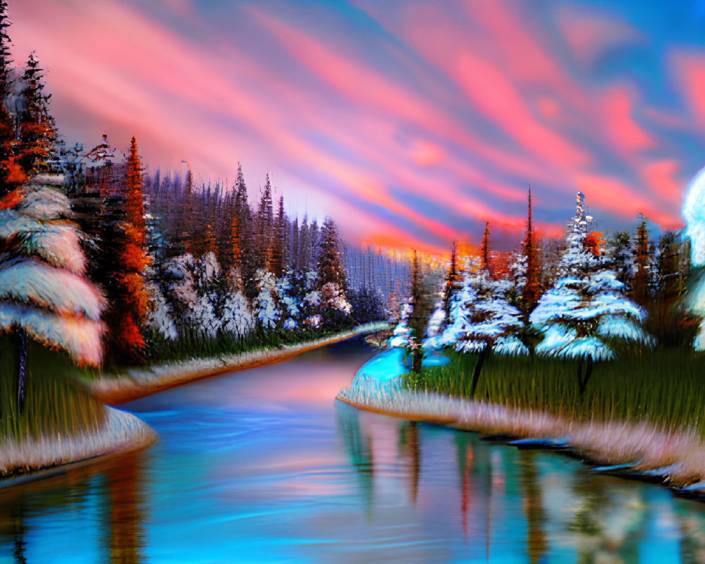 Snow-covered trees, winding river, pink and blue sky landscape