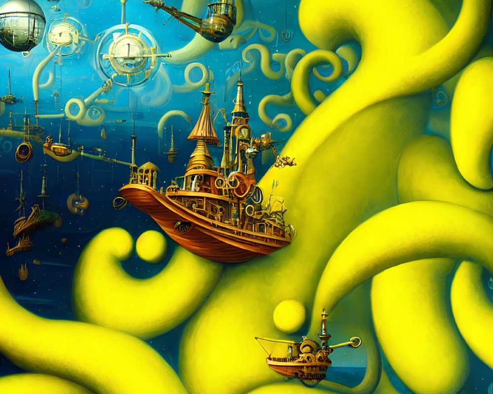Surreal artwork: Ships, yellow tentacles, blue sky, spherical structures