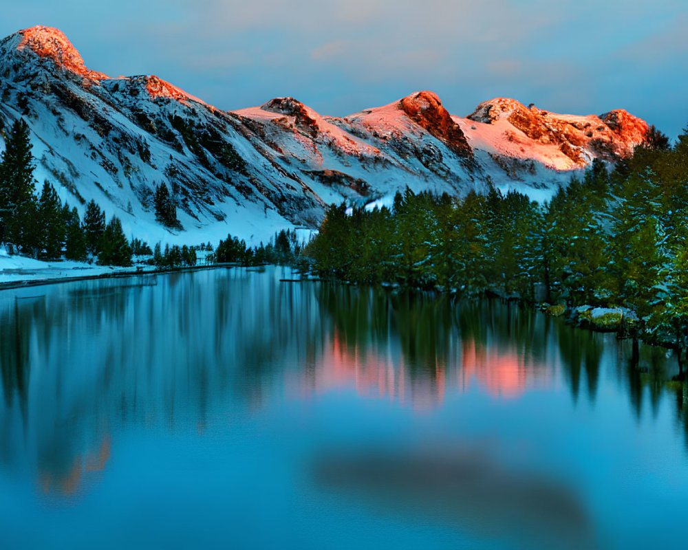 Scenic snowy mountain peaks at sunset reflected in tranquil lake