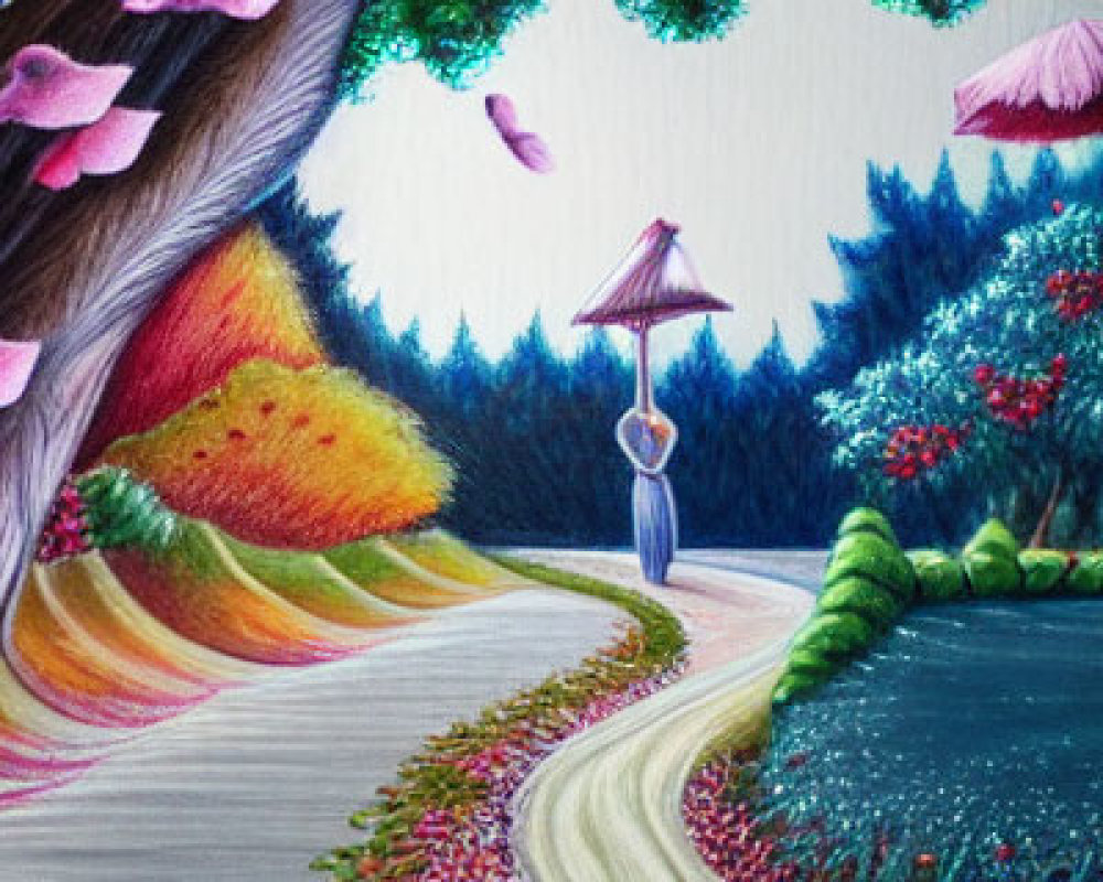 Whimsical drawing of person with umbrella on curved path, oversized mushrooms, vibrant trees, floating leaves