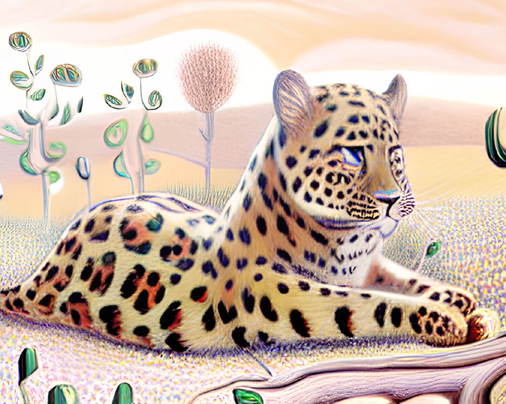 Spotted leopard on branch with whimsical flora in dreamlike background