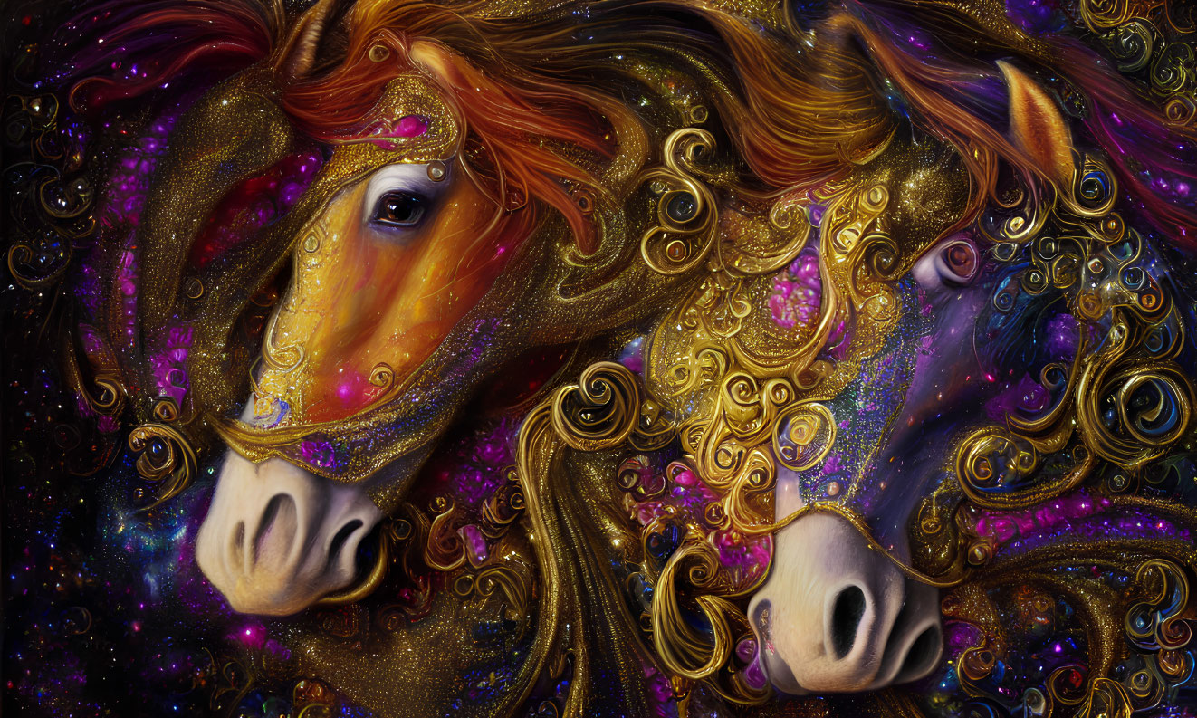 Vibrant digital artwork: Two horses with golden embellishments & cosmic backgrounds