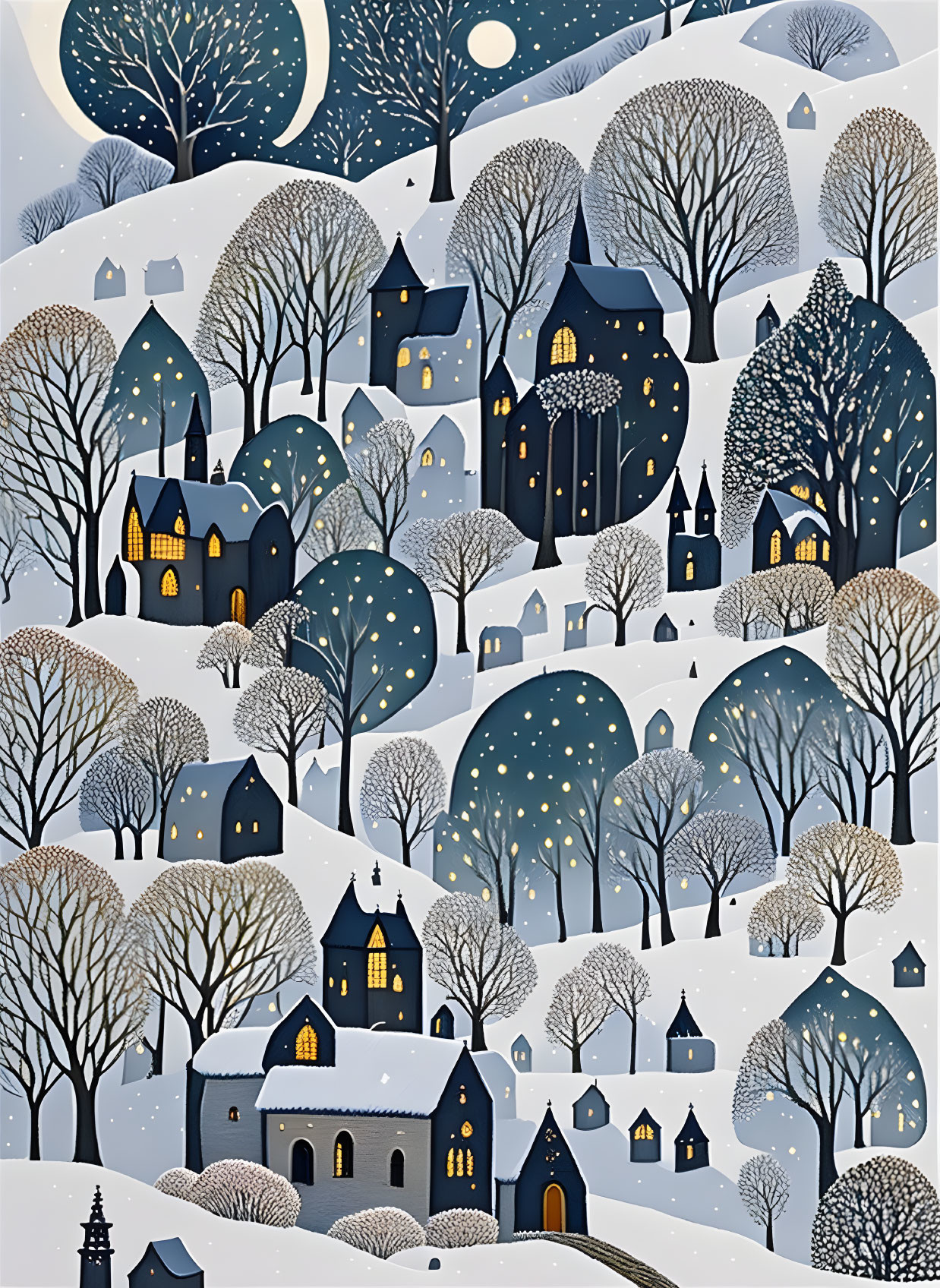 Snowy village at night: Cozy houses, snow-covered trees