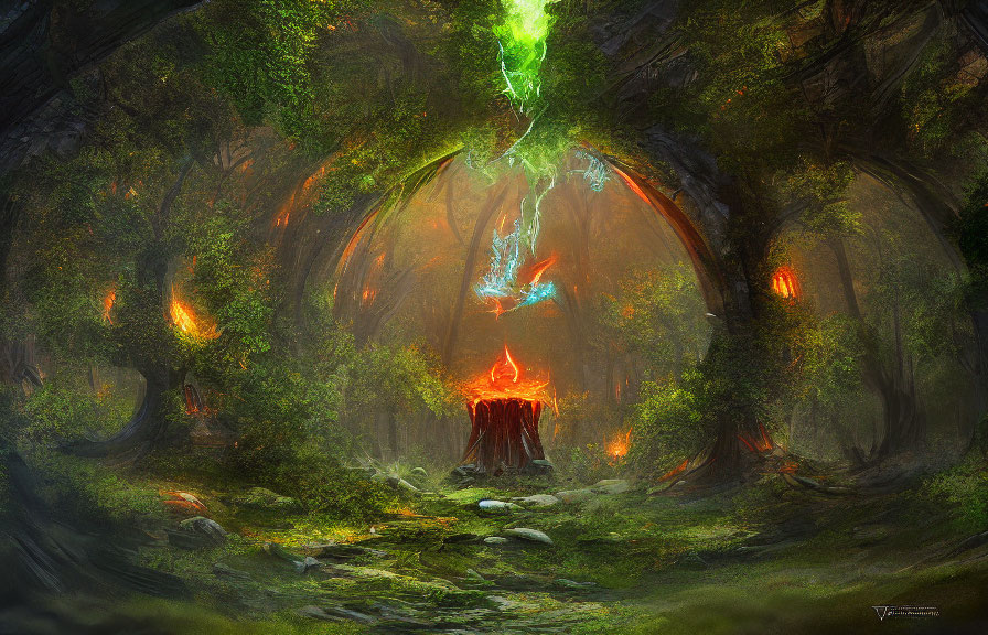Mystical enchanted forest with fiery anvil, green energy beam, magical trees, and glowing em