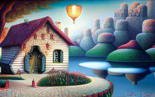 Whimsical painting of cozy cottage, floating islands, and hot air balloon