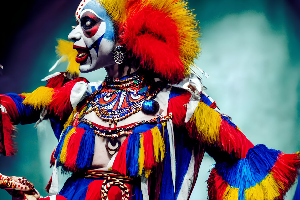 Colorful Clown in Vibrant Makeup and Costume Performing in Misty Setting