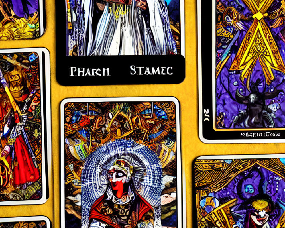 Colorful Tarot Cards with Mythical Figures and Symbols
