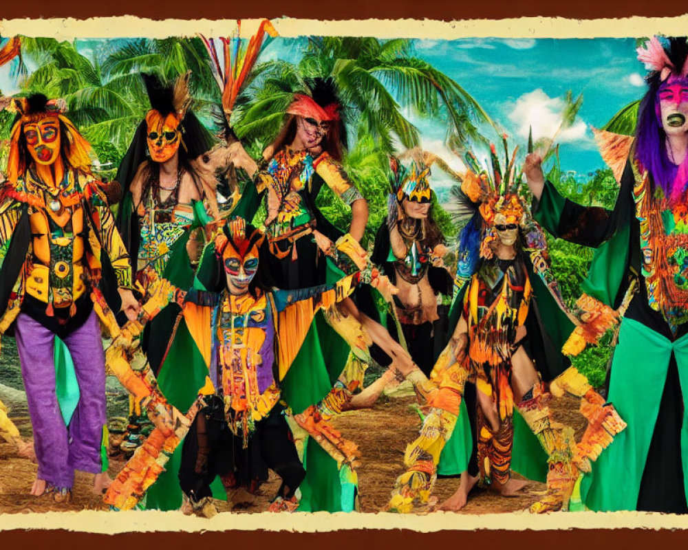 Vibrant Tropical Performers in Tribal-Inspired Costumes