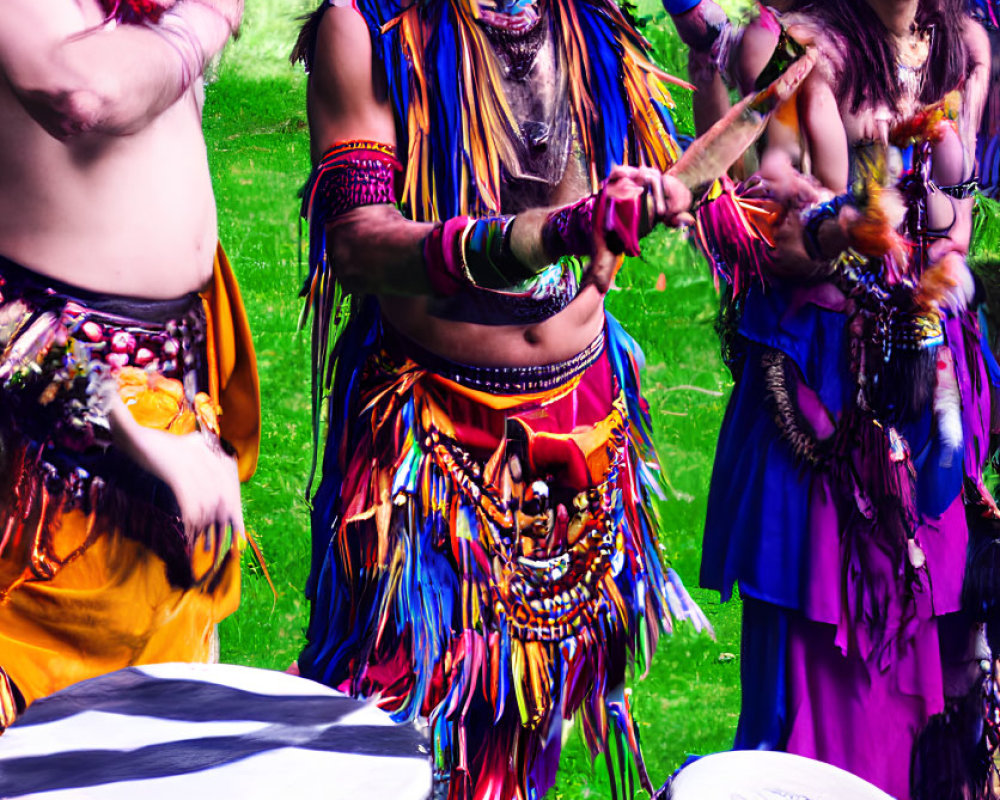 Native American-inspired attire drum ritual in lush green park