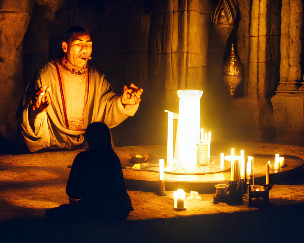 Monk in robes tells story to seated listener in candlelit Gothic room