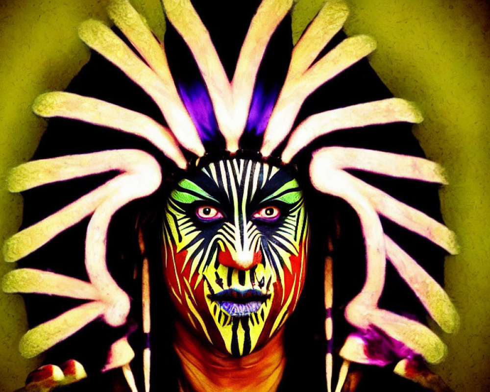 Colorful tribal face paint and feathered headdress on a person