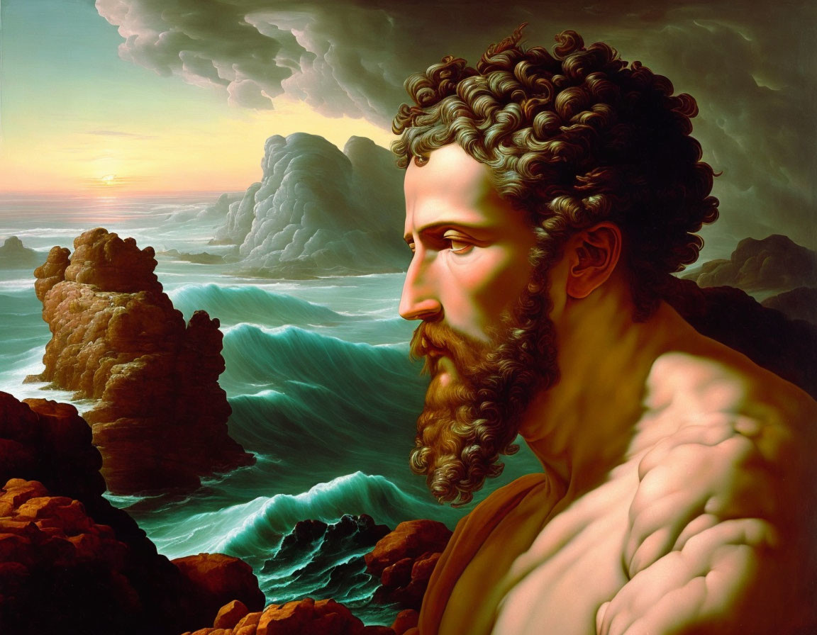 Surreal painting: man with curly hair merging with rocky seascape at sunset