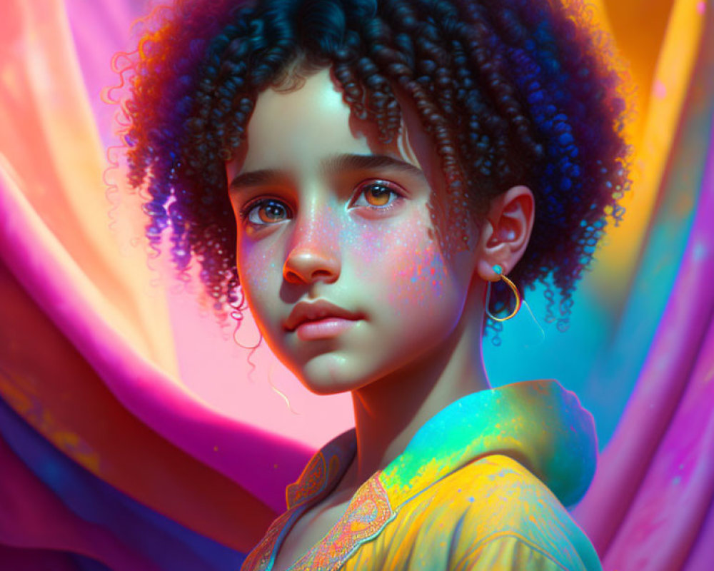 Colorful digital artwork: Young person with curly hair and earring in neon swirl background