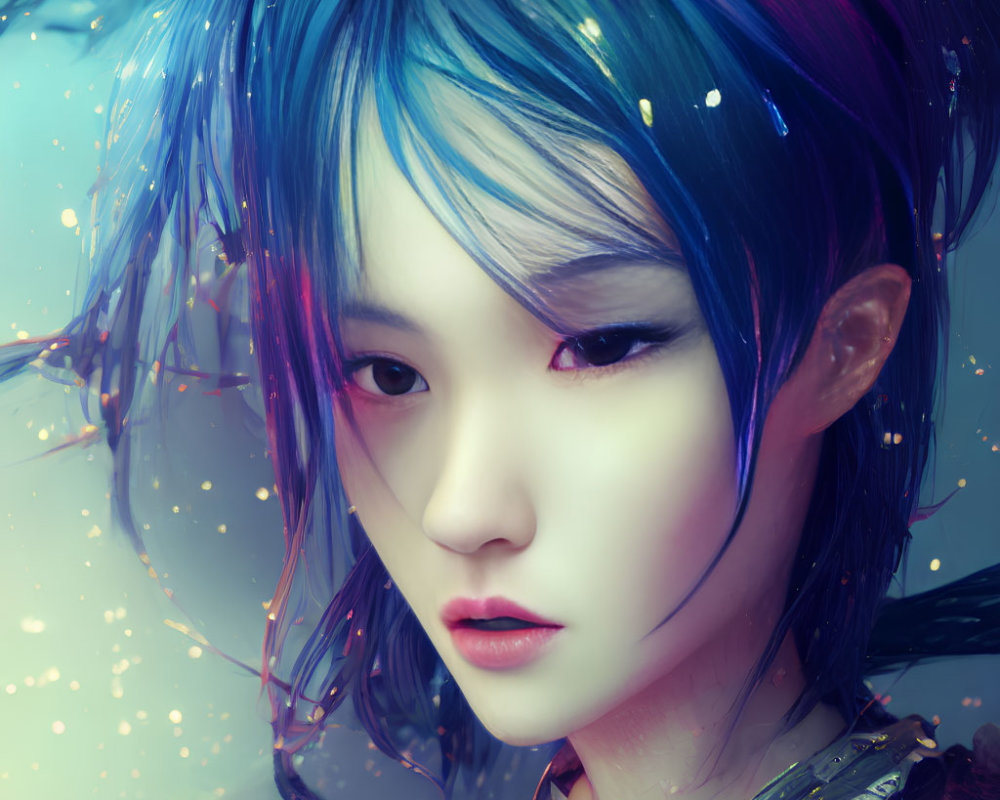 Multicolored hair digital portrait with ethereal features