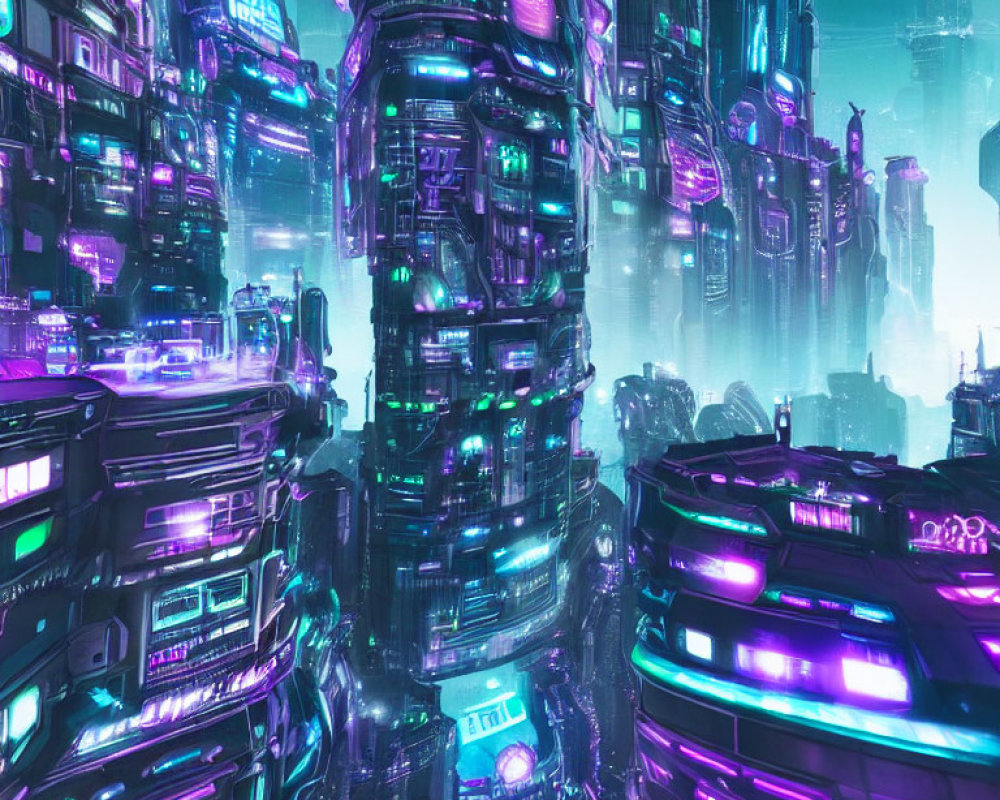 Futuristic neon-lit cityscape with cylindrical skyscrapers at twilight
