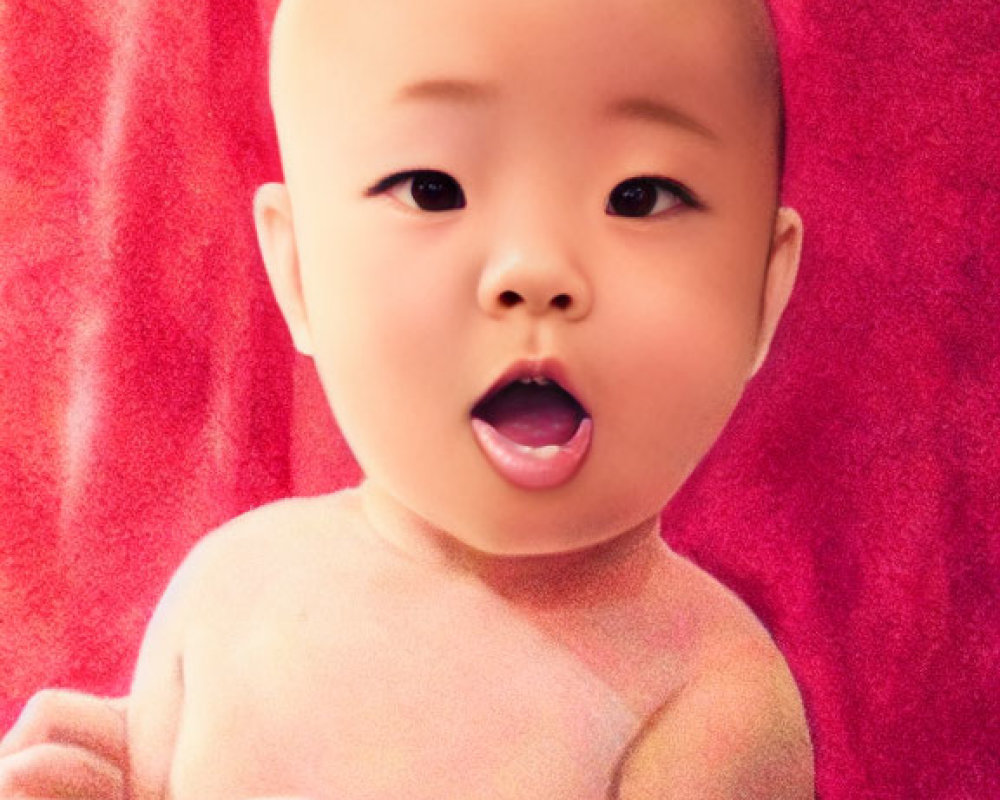 Surprised baby in front of red and yellow backdrop