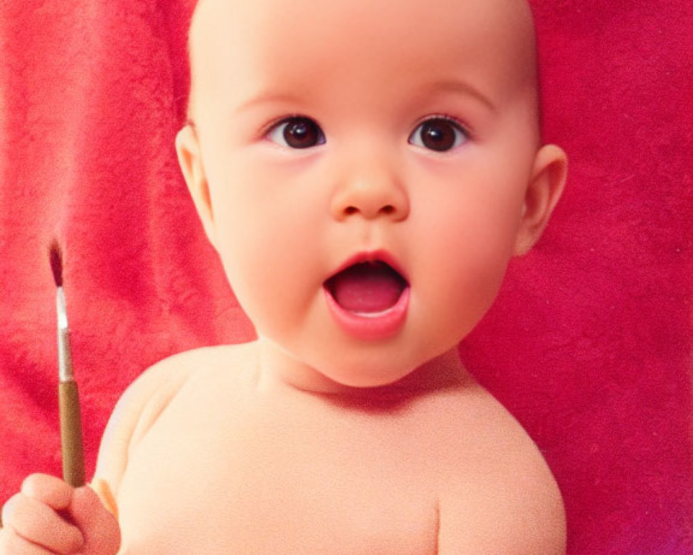 Baby painting with wide eyes and open mouth on red background