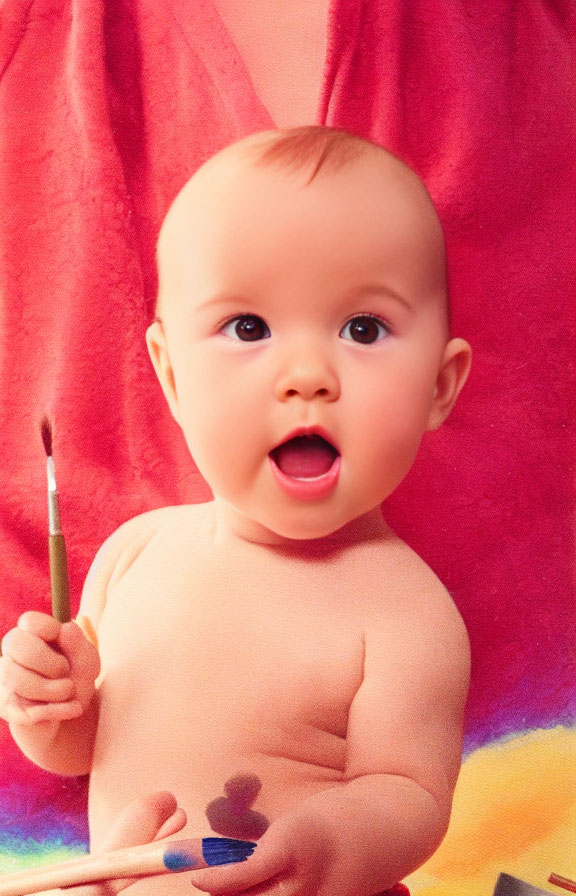 Baby painting with wide eyes and open mouth on red background