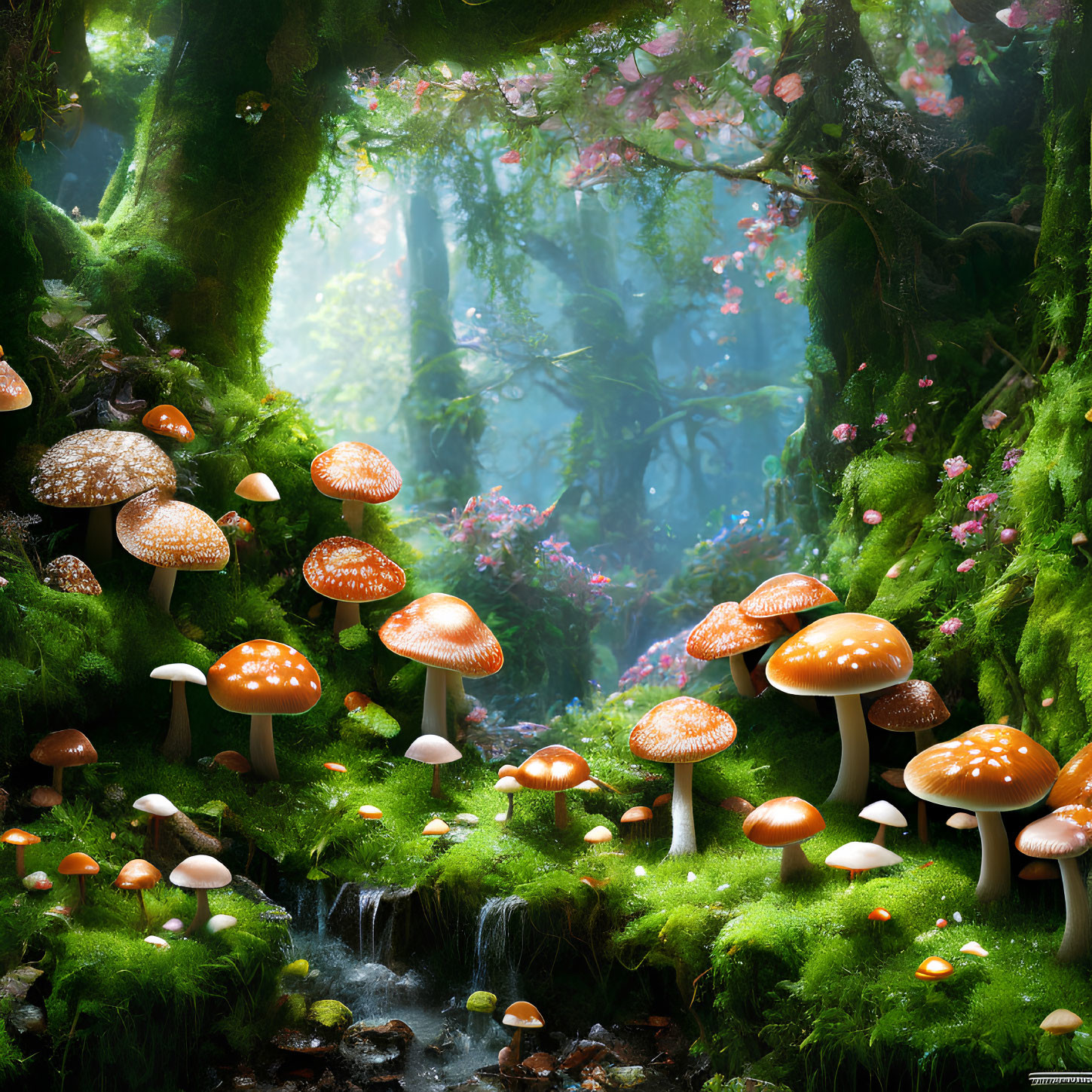 Enchanting forest scene with orange mushrooms, waterfall, and ethereal light.