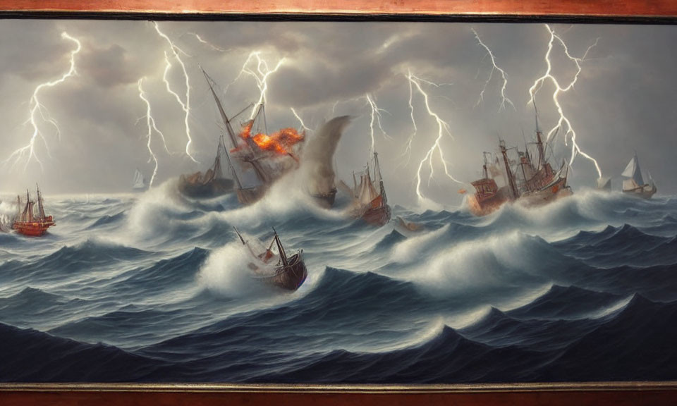 Ships in storm with lightning, fire, and towering waves