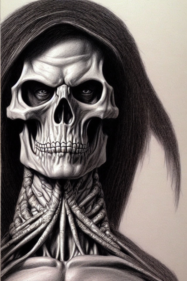 Detailed Pencil Drawing of Grim Reaper Figure with Skull Face, Cloaked Hood, and Skeletal Hands