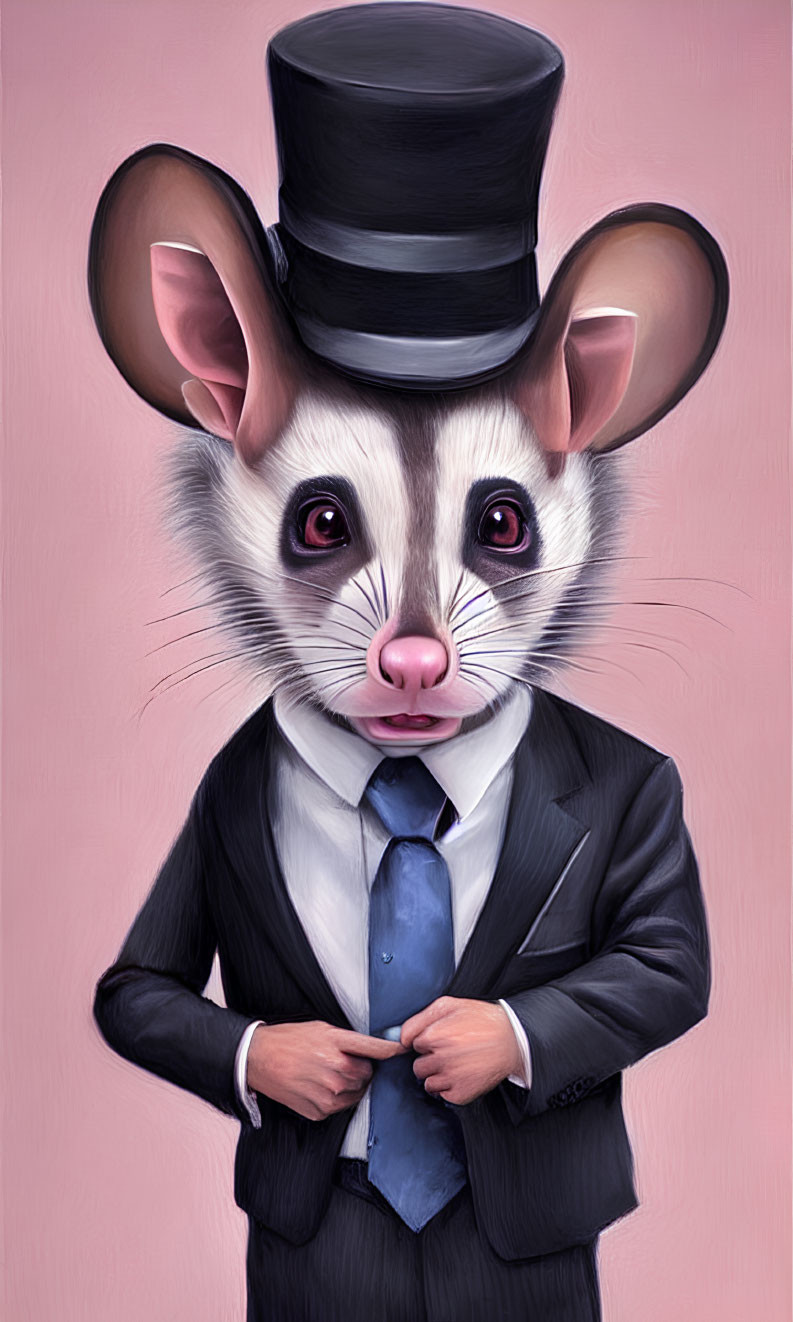 Anthropomorphic possum in suit and top hat.