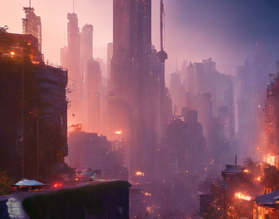 Futuristic cityscape at dusk with mist-covered skyscrapers