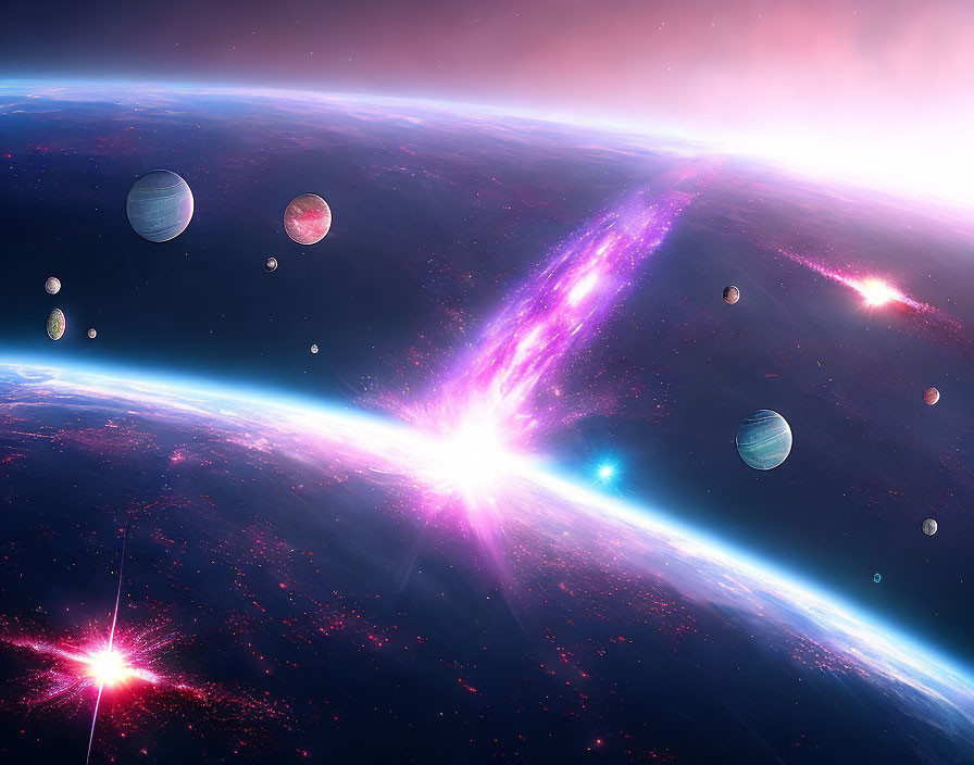 Colorful cosmic scene with planets, starbursts, nebula, and space.