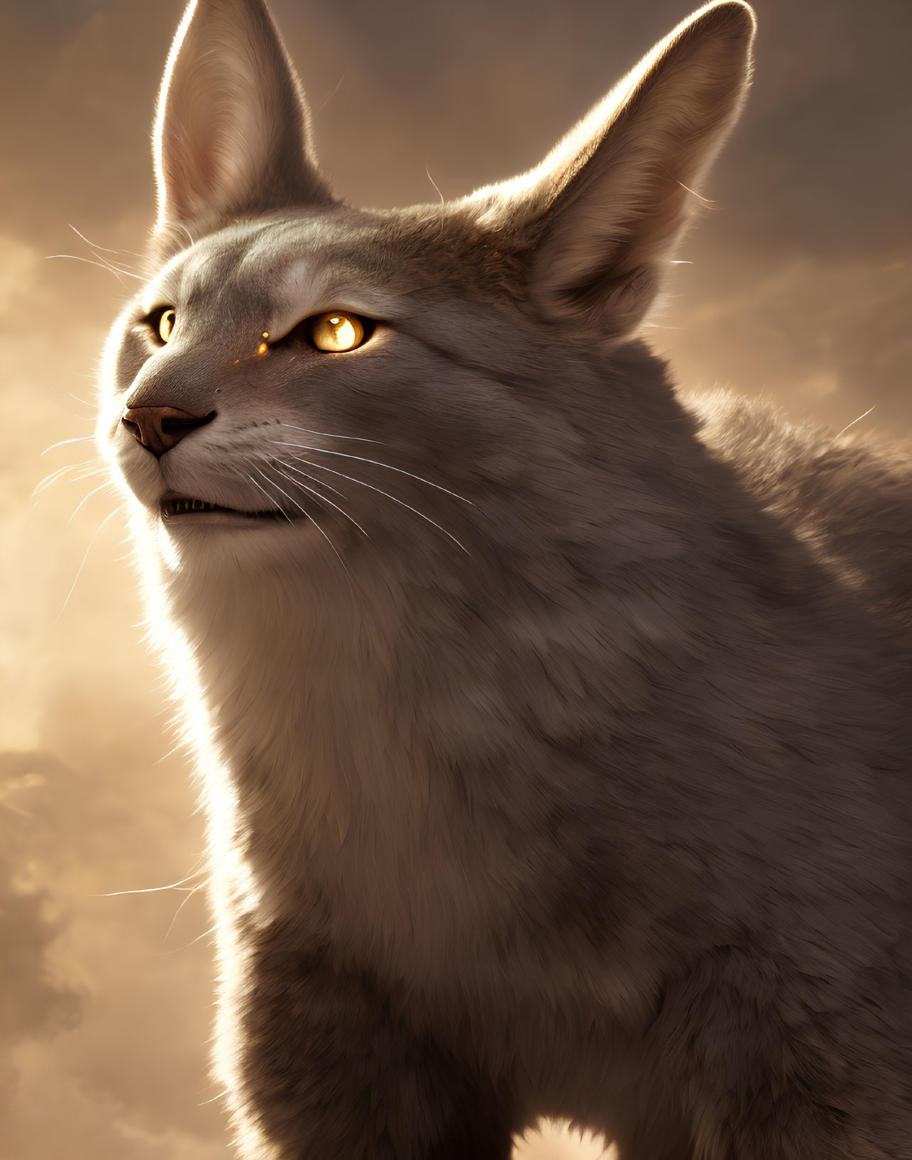 Realistic digital artwork of majestic cat with piercing amber eyes and warm backlight.