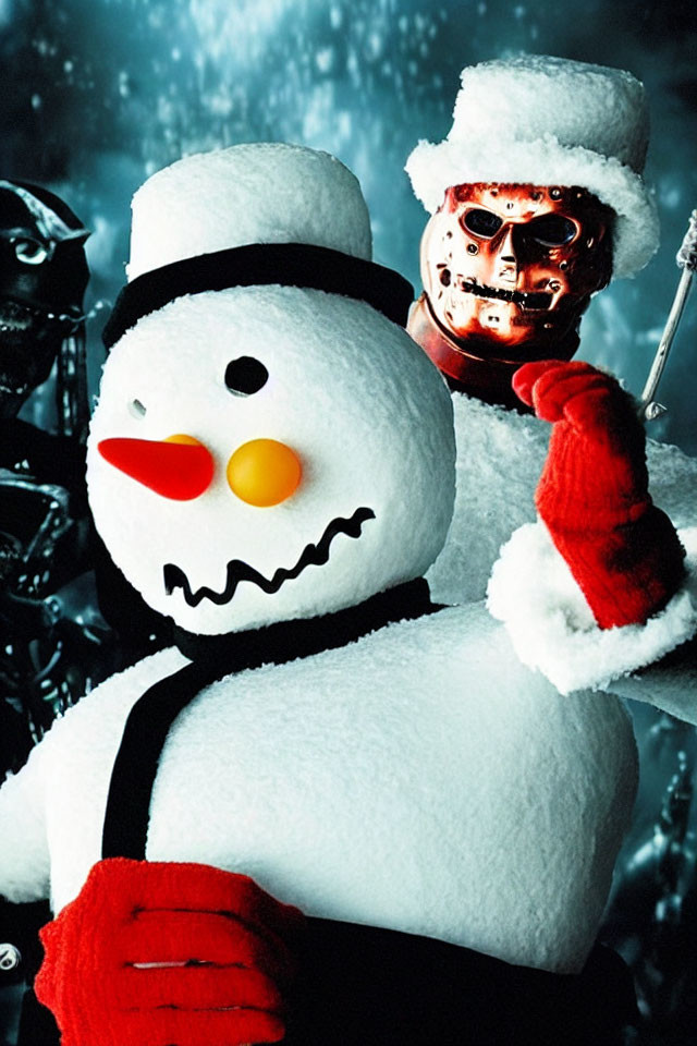 Snowman with orange nose, black hat, red scarf, and skull stick in snowy scene