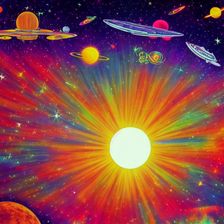 Vibrant space illustration with planets, stars, and radiant sun against starry backdrop