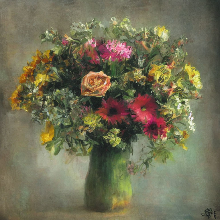 Vibrant bouquet of colorful flowers in green vase against muted background