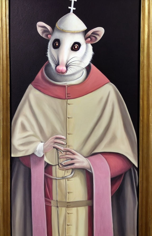 Religious-themed anthropomorphic mouse in gilded frame