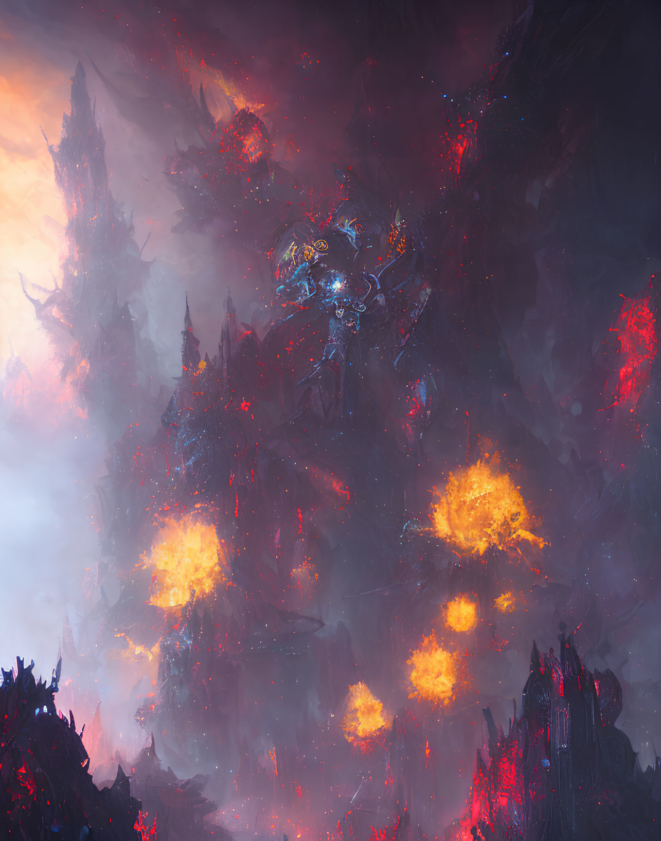 Fiery landscape with lava, spires, and mysterious figure in blue light