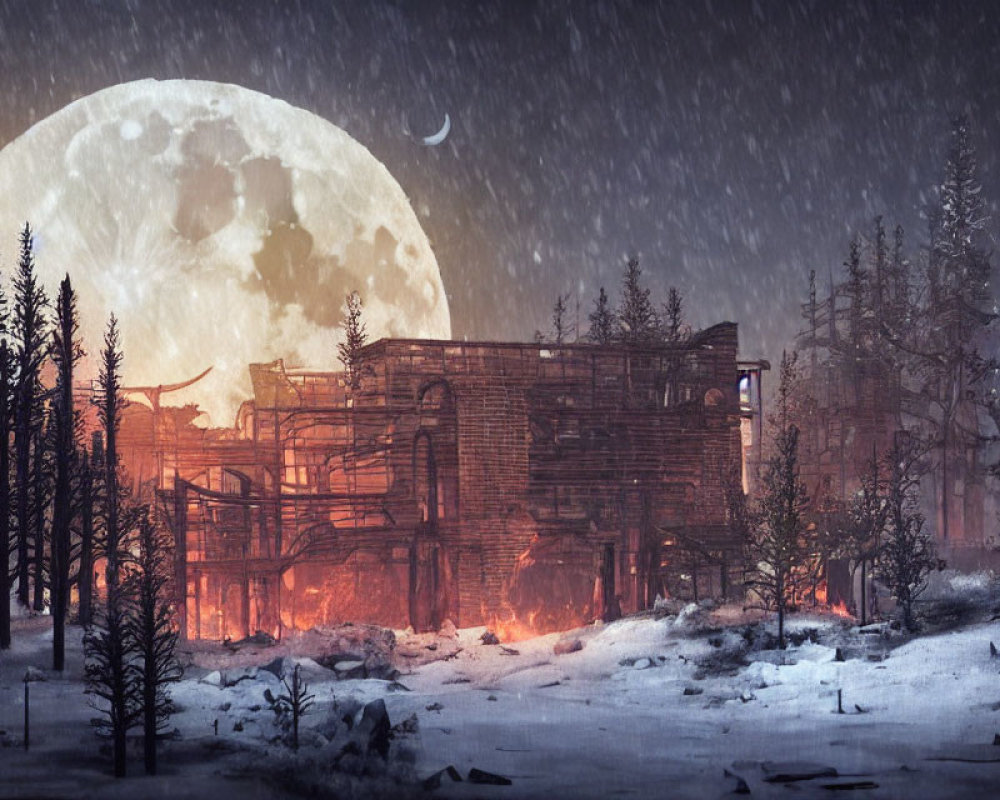 Full Moon Rising Behind Snowy Woods and Burning Structure