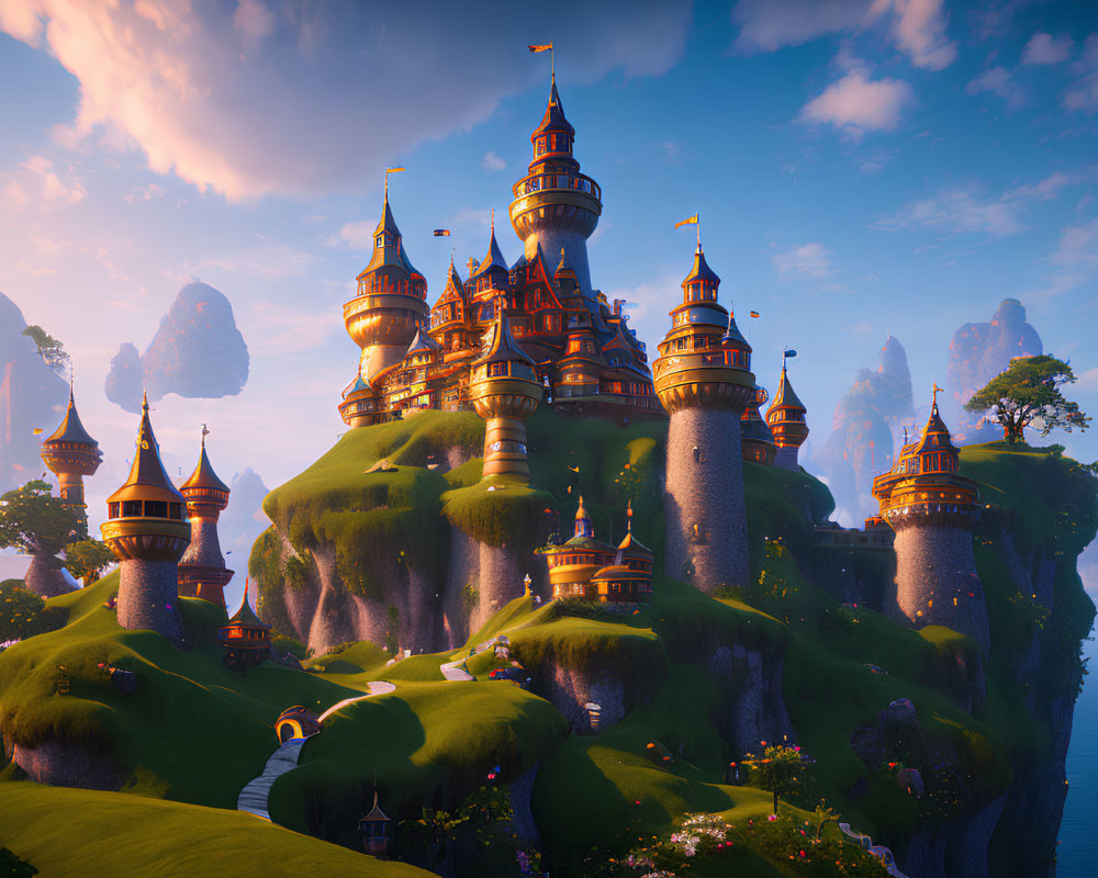 Enchanting castle with spires on cliffside at sunset