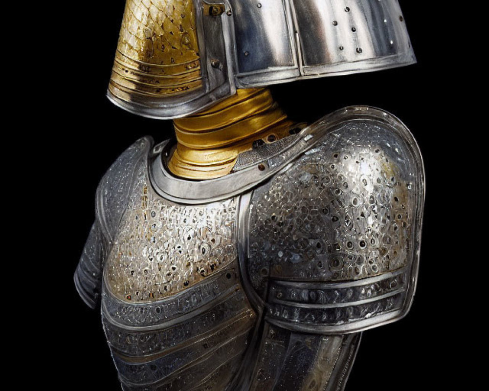 Medieval armor set with golden visor and ornate breastplate on black background