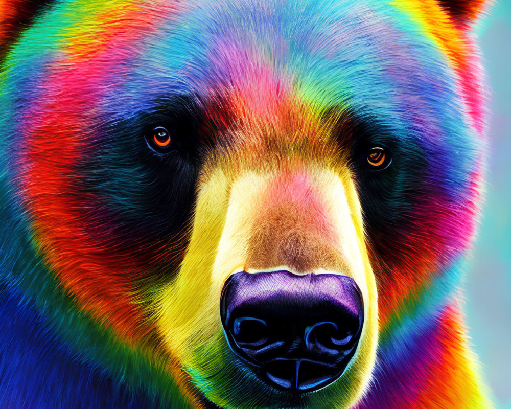 Colorful Digital Artwork of Bear's Face with Rainbow Fur