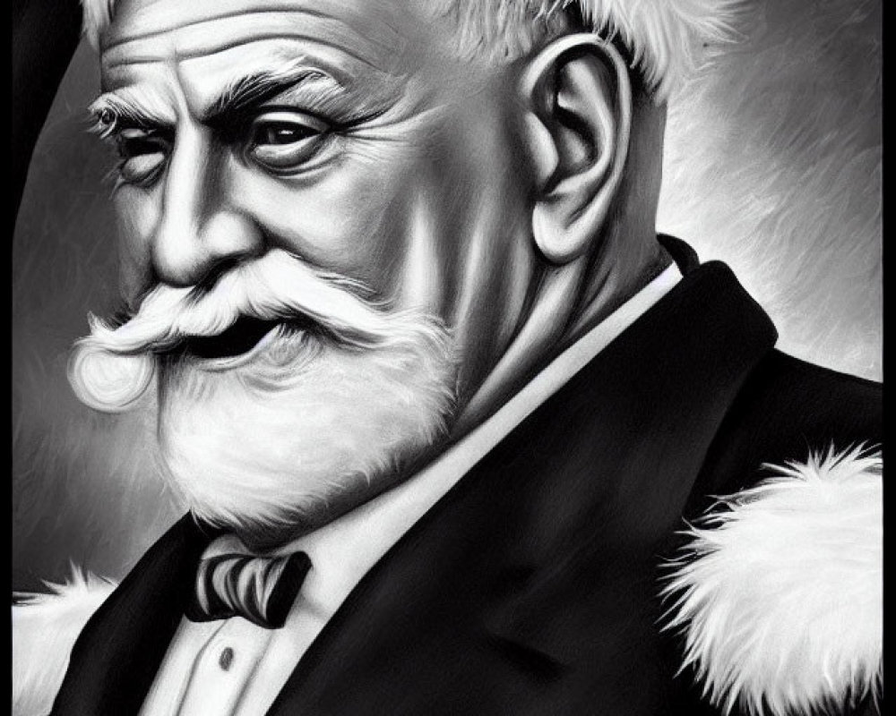 Monochrome illustration of stern man with white mustache and beard in Santa Claus-style coat