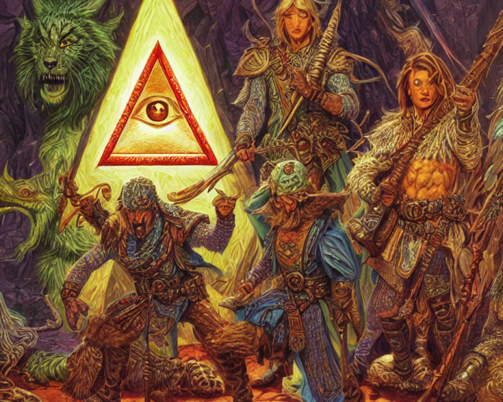 Fantasy artwork of diverse adventurers with glowing triangular symbol