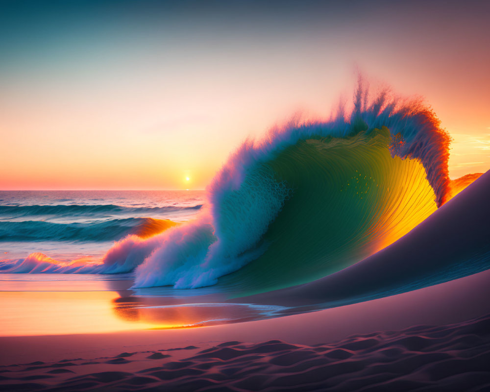 Colorful ocean wave under sunset sky at the beach