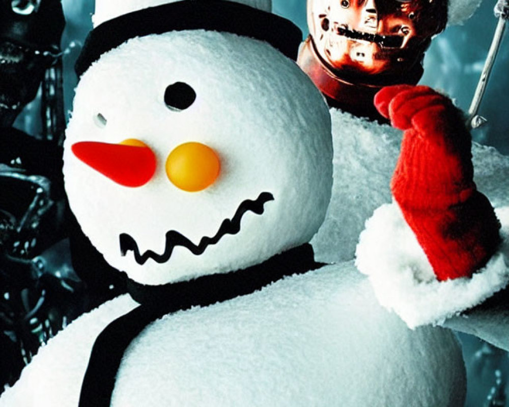 Snowman with orange nose, black hat, red scarf, and skull stick in snowy scene