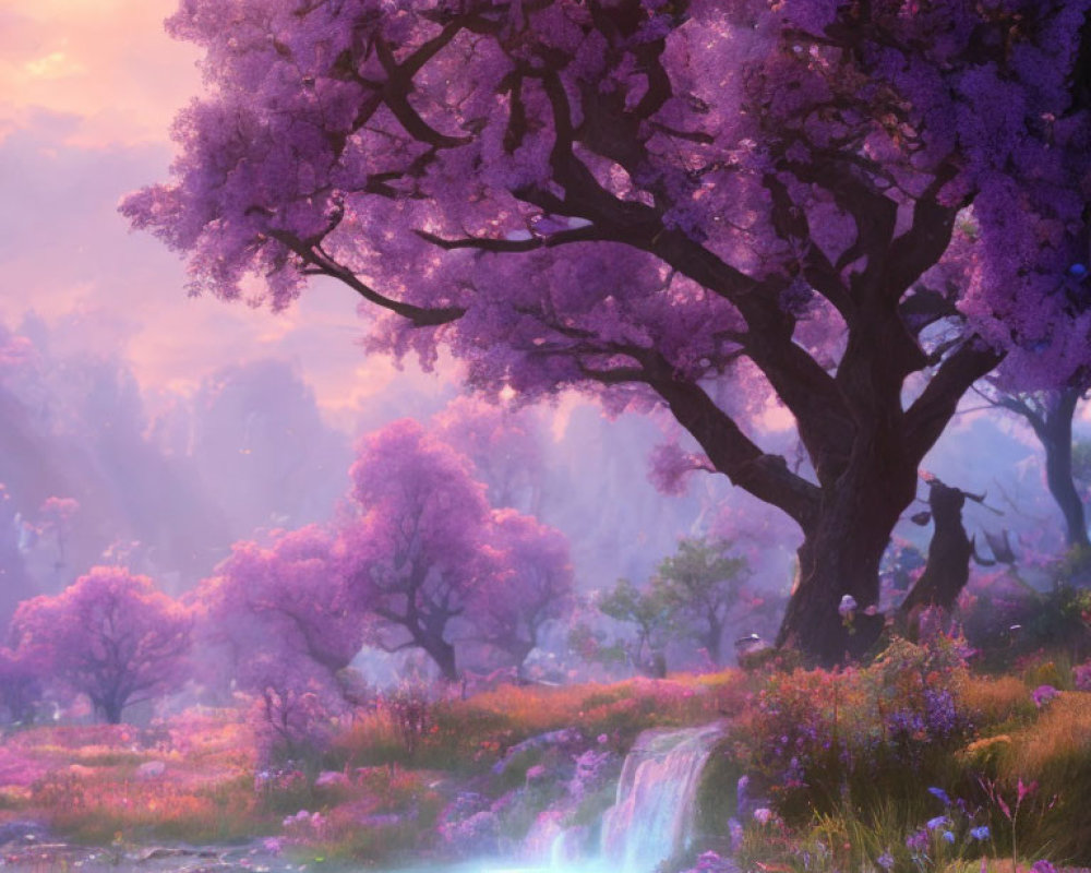 Serene fantasy landscape with vibrant purple trees and a small waterfall