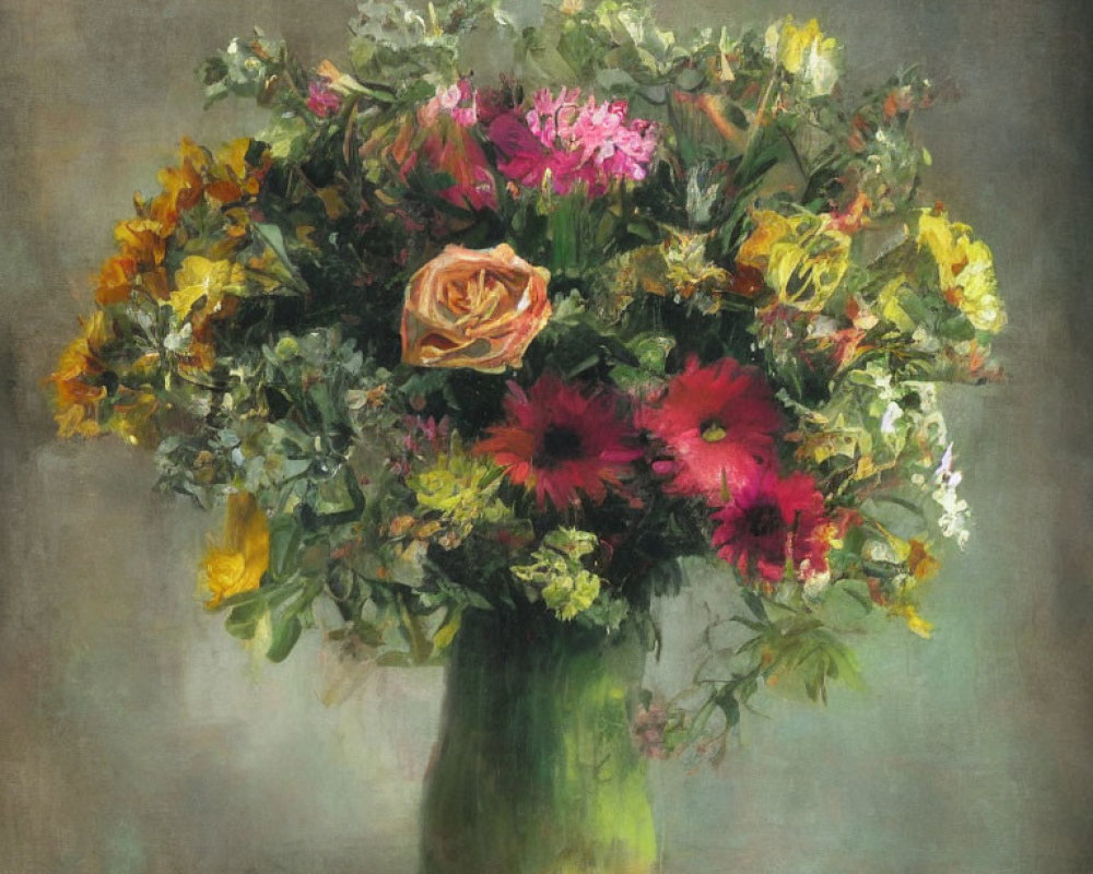 Vibrant bouquet of colorful flowers in green vase against muted background