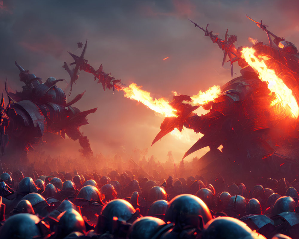 Armored knights and fiery dragons clash in epic fantasy battle scene