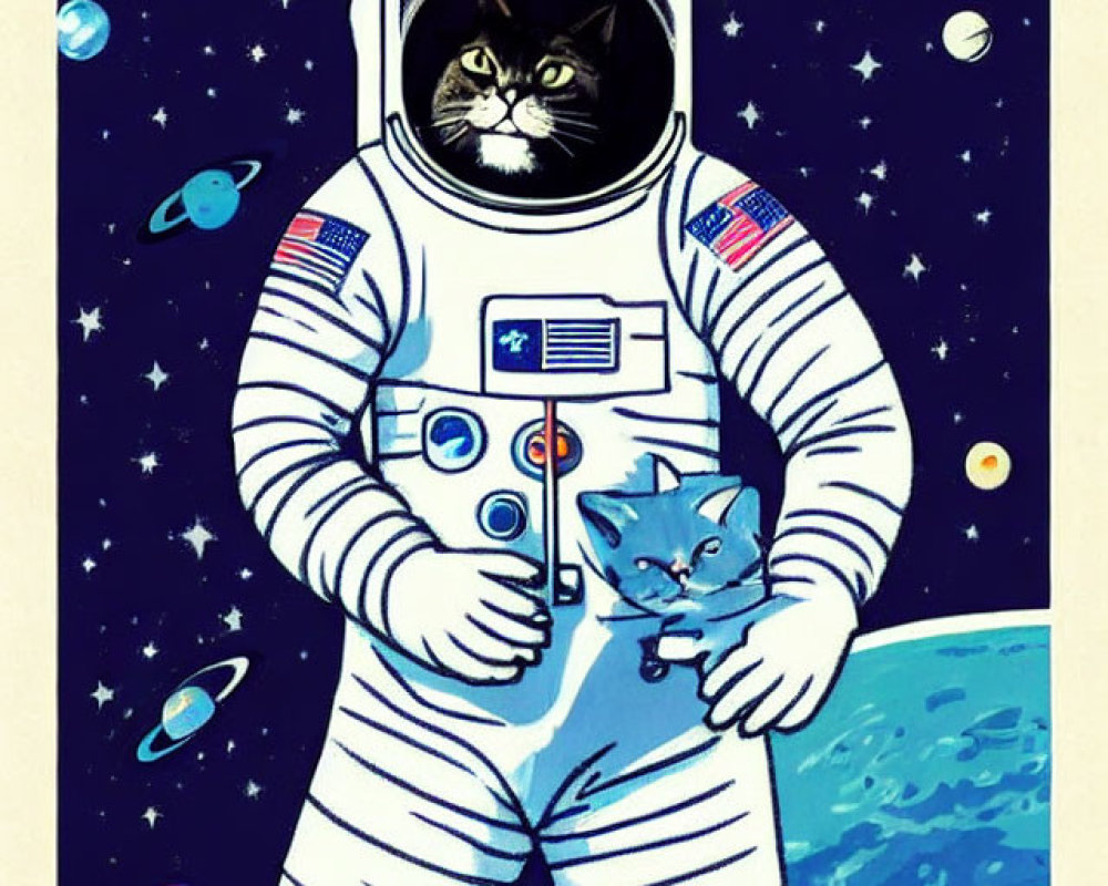 Illustration of cat in astronaut suit holding kitten with space backdrop