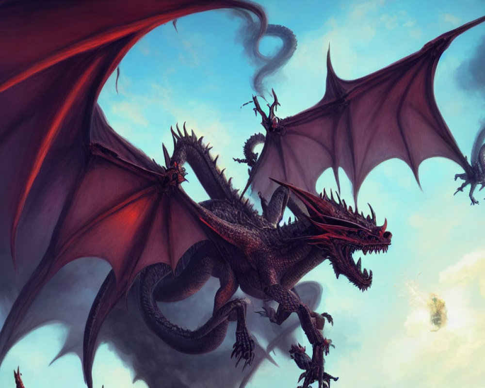 Black dragon spreading wings in fantasy scene with flying dragons