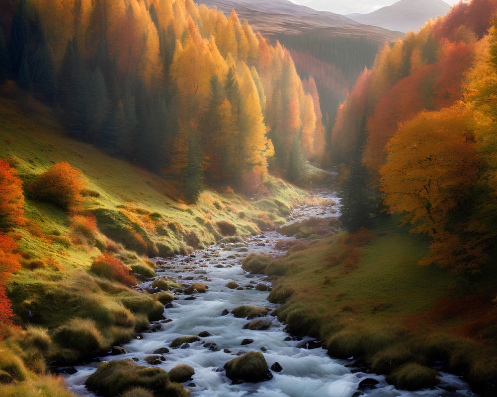 Tranquil autumn river scene with vibrant foliage