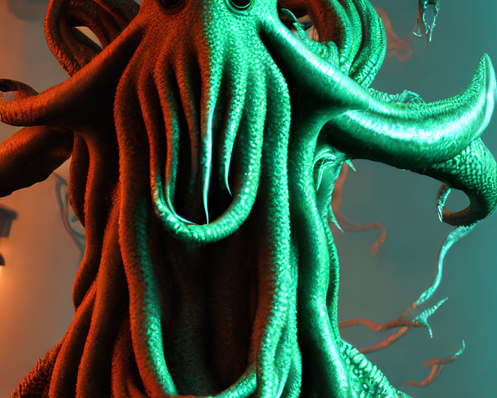 Detailed 3D-rendered green octopus on teal background